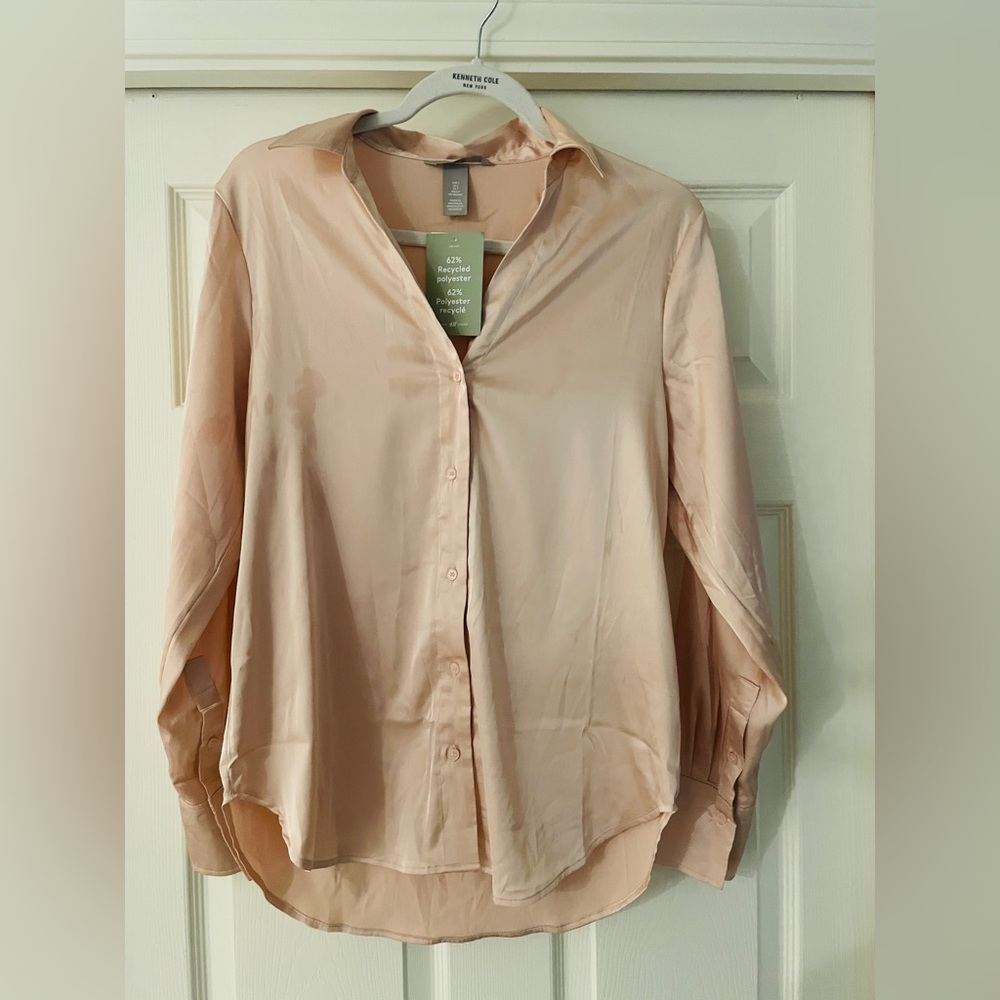 H&M Satin Button-Down Blouse – Light Blush, NWT (New with Tags)